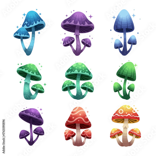 Colorful blue and green mushrooms