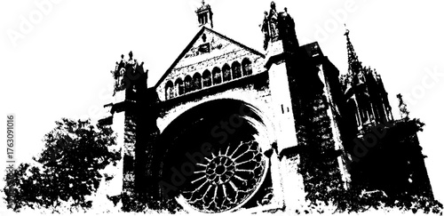 Vintage gothic cathedral black and white xerox halftone illustration for historical design