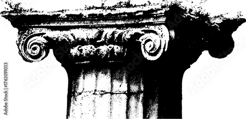 Vintage greek column illustration in black and white halftone for retro design
