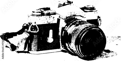 Vintage camera in black and white halftone style for retro design projects