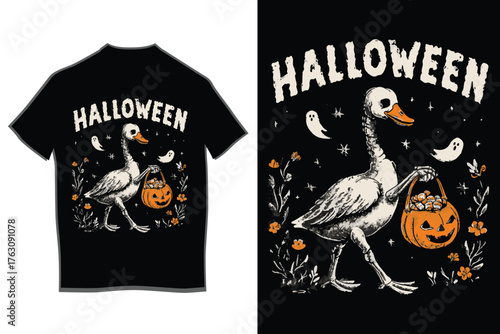Spooky goose halloween t-shirt design featuring pumpkin and falling feathers