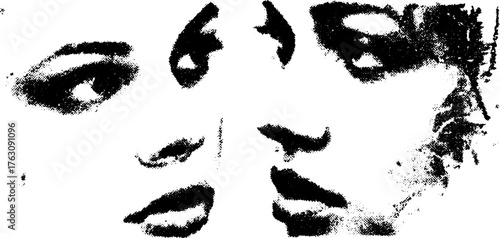 Black and white halftone art of vintage dual faces with mirror effect