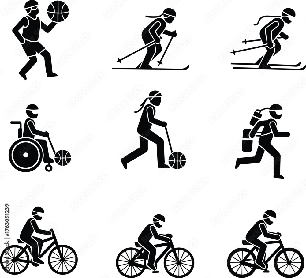 Obraz premium Diverse sports and athletic activities icon set featuring athletes in action vector