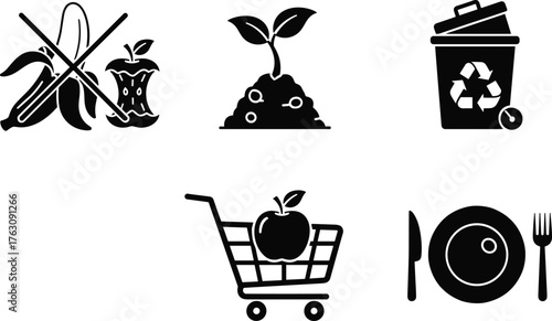 Food waste reduction icons set for recycling composting sustainability and shopping concepts vector