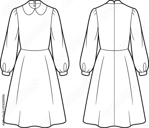 Long sleeve dress flat sketch with Peter Pan collar, fashion CAD drawing, vector illustration, front and back view garment design