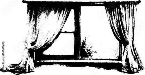 Vintage black and white halftone window illustration with curtains for retro design