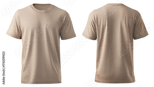 Two Tan Short Sleeved T Shirts Shown Front And Back On A Transparent Background Isolate