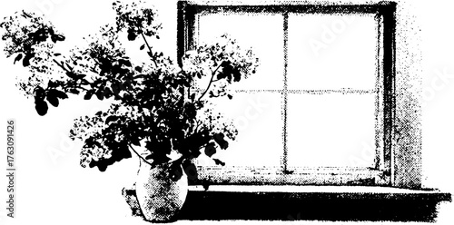 Vintage halftone window scene with floral arrangement for retro decor and art design