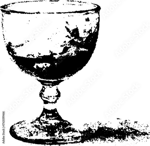 Black and white halftone of wine glass with vintage grunge texture for artistic design