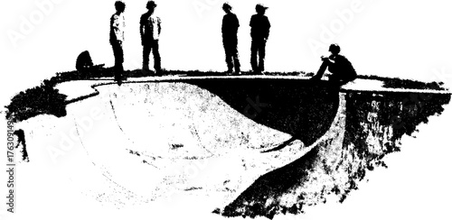 Youth group gathering at skate park in black and white halftone style for alternative design