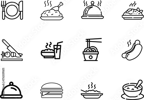 Set of flat vector meal icons – includes food and dining symbols for restaurant, menu, and culinary designs. Perfect for web, app, and UI projects