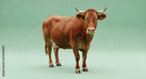 A standing brown farm cow with horns isolated on a plain mint background