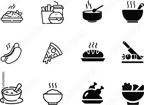 Set of flat vector meal icons – includes food and dining symbols for restaurant, menu, and culinary designs. Perfect for web, app, and UI projects