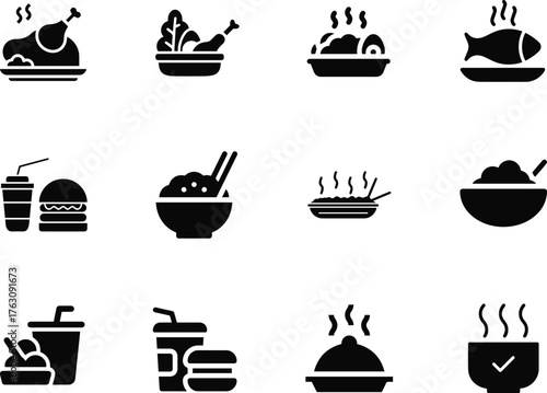Set of flat vector meal icons – includes food and dining symbols for restaurant, menu, and culinary designs. Perfect for web, app, and UI projects