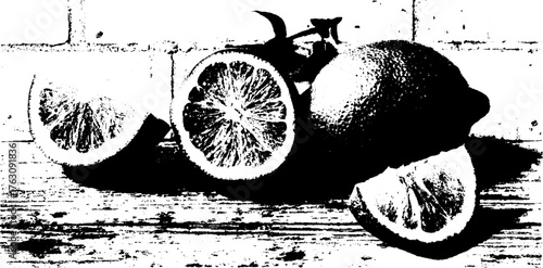 Black and white halftone illustration of sliced citrus fruit on wooden surface