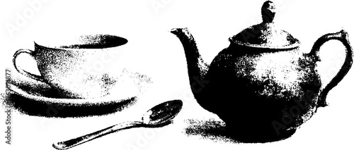 Black and white halftone teapot and cup illustration for vintage design