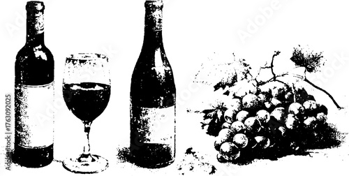 Black and white halftone graphic of wine bottles with grapes for vintage design