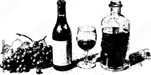 Black and white vintage wine bottle halftone illustration for retro design projects