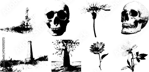 Black and white halftone objects: skull, flowers, trees, and lighthouse collection for design