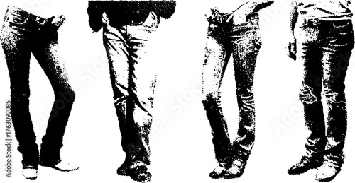 Grunge aesthetic black and white halftone set of ripped jeans for design projects