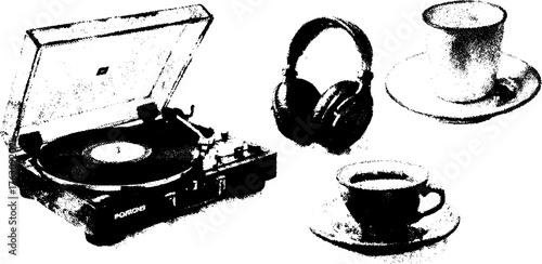 Vintage music experience with turntable and headphones in black and white halftone