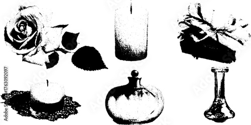 Black and white halftone objects: rose, candle, gift, and vase design