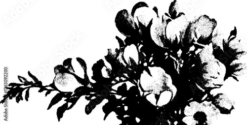 Black and white artistic halftone pattern of floral elements for print or design