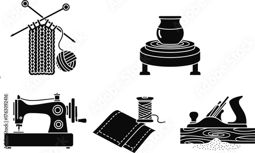 Crafting and diy icons knitting sewing pottery woodworking and more simple graphics vector