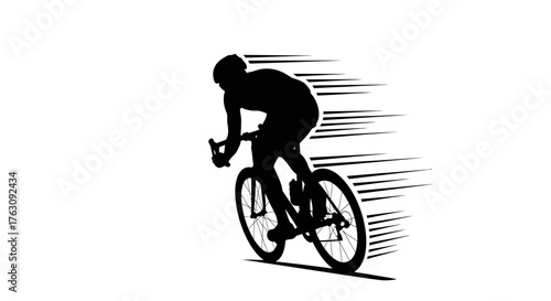 Silhouette of a professional cyclist riding a road bicycle at high speed, depicted with motion blur lines for a dynamic effect