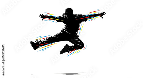 Silhouette of a Dancer Mid-Air with Colorful Motion Trails