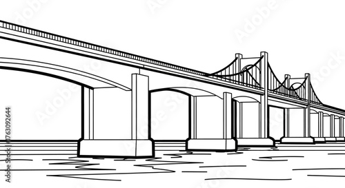 Detailed line art illustration of a majestic multi-span bridge crossing a significant body of water, showcasing its robust architectural design and connecting infrastructure