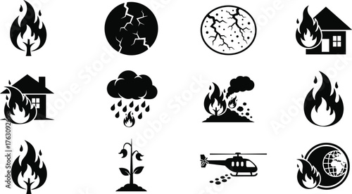 Collection of icons representing natural disasters fire rain earthquakes storms and floods vector
