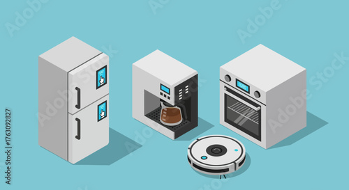 Collection of household appliances including refrigerator, coffee maker, oven, and robotic vacuum cleaner in isometric view