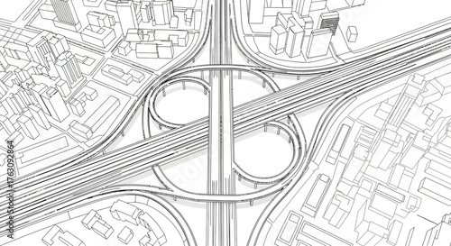 Detailed architectural sketch of a complex urban highway interchange with surrounding buildings