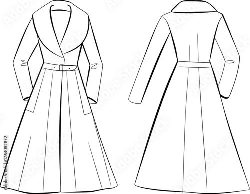 Long tailored coat flat sketch, belted waist fashion technical drawing, wide lapel collar, pleated detail design, garment CAD vector illustration
