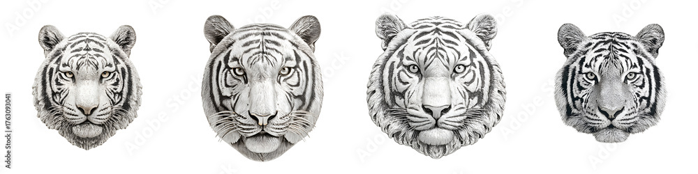 Fototapeta premium White Tiger Head Portraits: Set of Illustrations