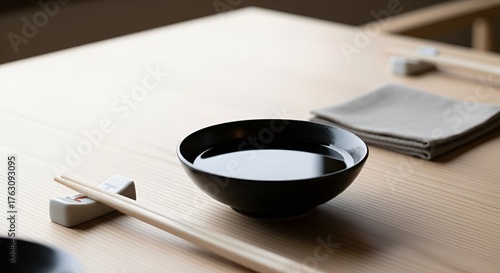 A minimalist dining setup with a black bowl, chopsticks, and napkin on a wood table, great for modern interior design, Asian-inspired themes, and clean aesthetic content.