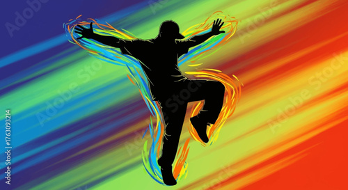 Vibrant digital art illustration featuring a dynamic dancer's silhouette, radiating expressive energy against a colorful, abstract spectrum background, symbolizing freedom and artistic movement