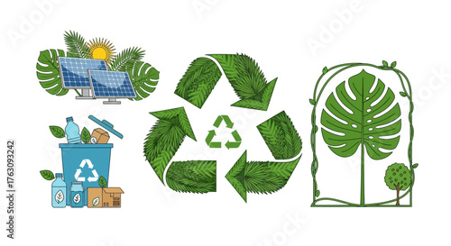 A set of hand-drawn illustrations representing ecological concepts like recycling, solar power, and nature conservation