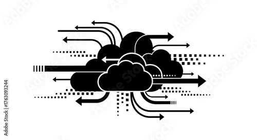 Conceptual black and white illustration of cloud computing technology, depicting data flow, network traffic, and digital information exchange