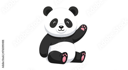 Adorable cartoon panda character sitting and happily waving its paw, a friendly gesture for greeting, welcome, or cute design elements