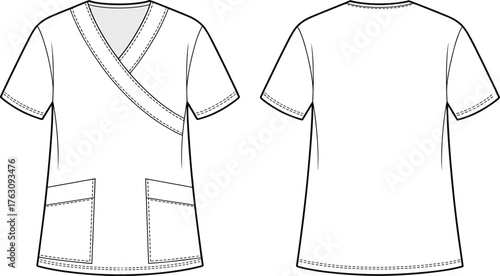 Medical scrub top flat sketch, short sleeve uniform design, mock wrap V neck, front and back view, cad drawing flat vector illustration