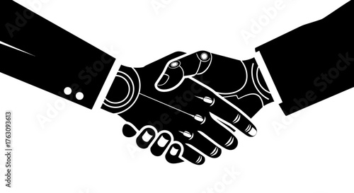 Human and Robotic Handshake Symbol of Technology, Cooperation, and Partnership