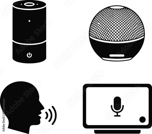 Smart speaker iconography voice assistant technology device icons set for digital interfaces vector