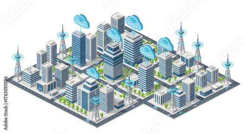 Isometric illustration of a modern smart city with skyscrapers, communication towers, and cloud technology integrated into urban infrastructure for a connected metropolis