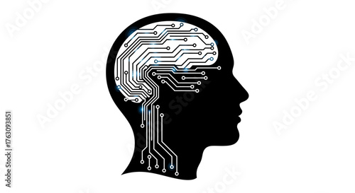 Conceptual graphic of artificial intelligence, featuring a human brain silhouette integrated with circuit patterns, representing digital thought, advanced technology, and cognitive processing