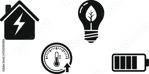 Energy icons set house lightning bolt light bulb leaf thermometer battery vector