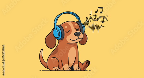 A charming cartoon dog wearing blue headphones, peacefully enjoying the rhythm and melody of music, with cheerful notes and sound waves floating around its head, embodying pure auditory delight