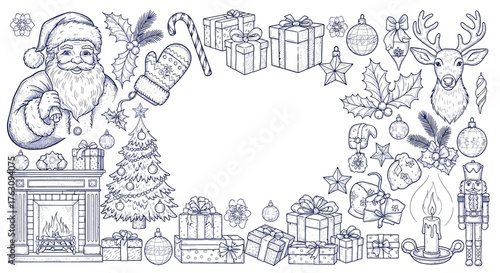 Christmas Holiday Border with Hand-Drawn Santa Claus, Gifts and Ornaments