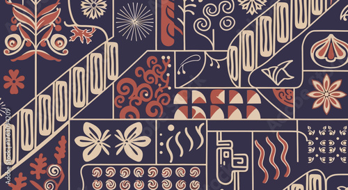 Abstract geometric patterns and decorative floral motifs in a harmonious color palette